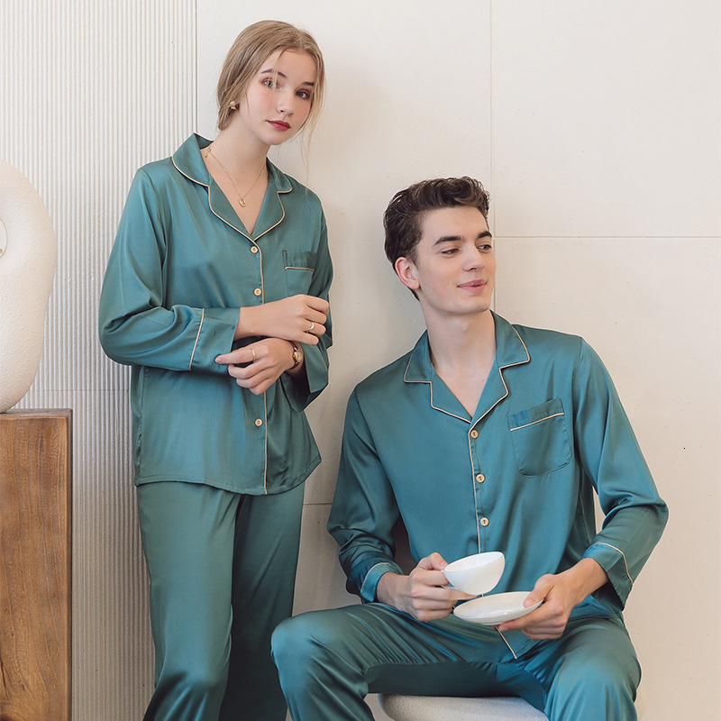 Ice Silk Couple Pamas Men Women Summer Long Short Sleeve Cardigan Lapel Suit Thin SatinPlus Size Home Cloth Nightwear Male