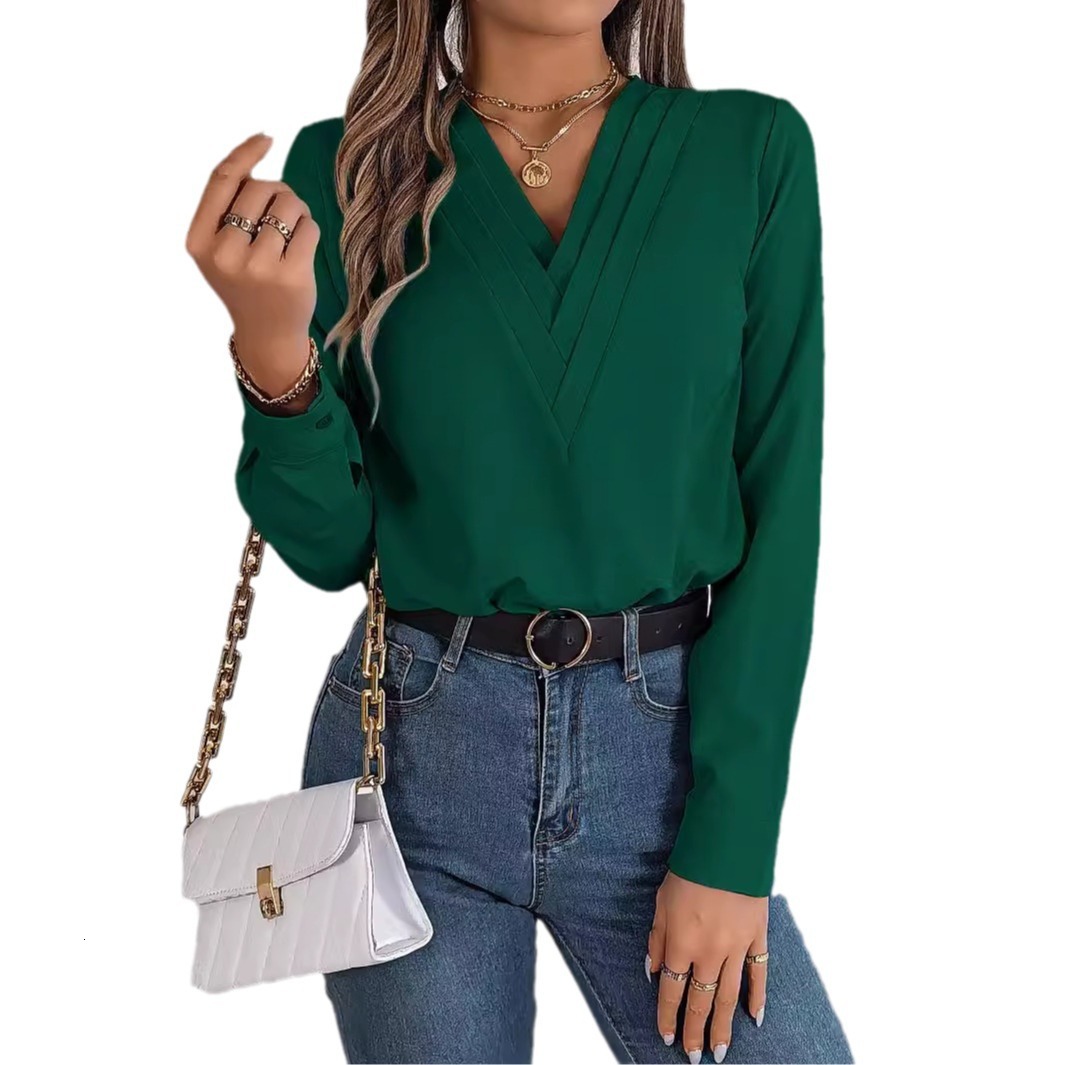 Blouses Designer For Women Blouse Realistic Photo Of 2024 Autumn And Winter Elegant Solid Color Layered V-Neck Long Sleeved Shirt Women's Clothin