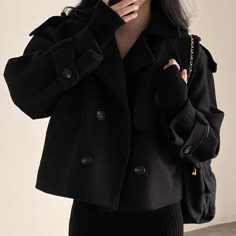 French retro collar wool jacket double chest pockets loose and versatile autumn coat winter chic top 240925