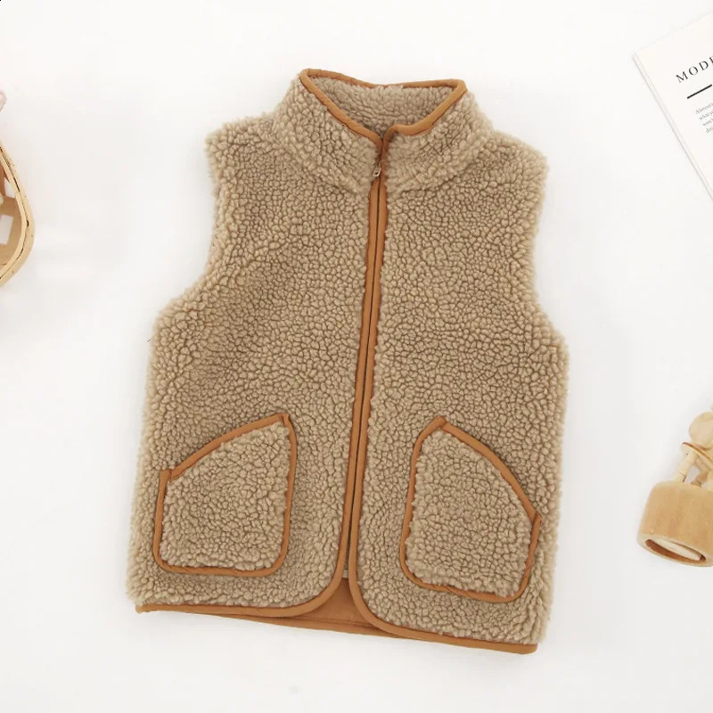 Arrival Autumn Winter Toddler Vest Brown Sleeveless Orange Border Fur Coats Waistcoats Zipper Cardigans for Baby Boys Girls 240921