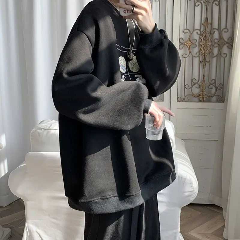 Pure cotton mens round neck sweatshirt new American vibe style advanced loose couple velvet thickened pullover women clothingX240925