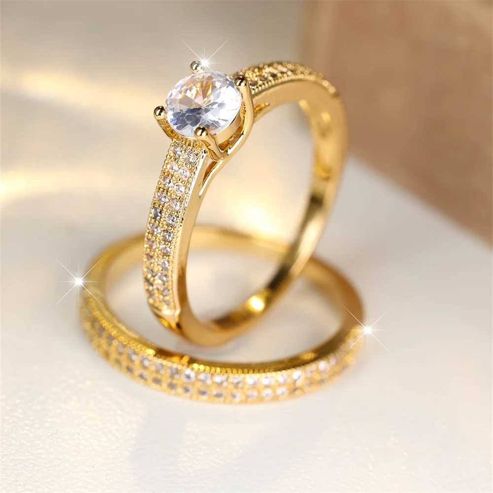 White zircon engagement ring set luxury crystal round stone womens double ring retro gold wedding ring Bohemian jewelry W240925