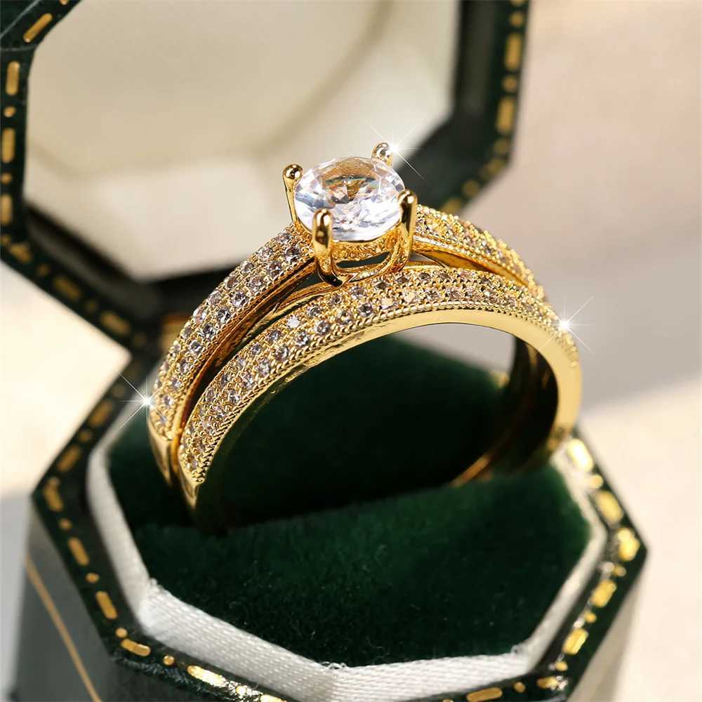 White zircon engagement ring set luxury crystal round stone womens double ring retro gold wedding ring Bohemian jewelry W240925