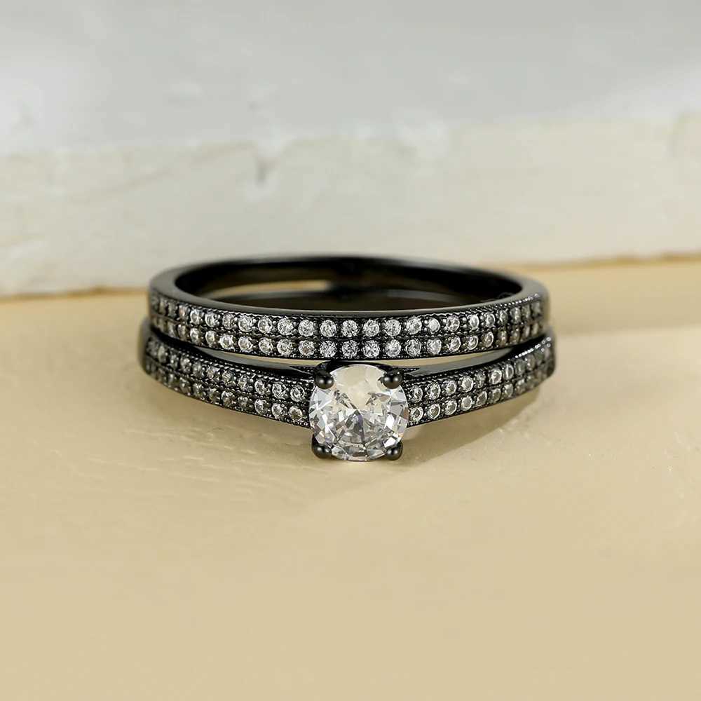 Luxury Bridal Set Round Stone Ring Female Black Gold White Zircon Wedding Ring Promise Engagement Ring Set Jewelry W240925