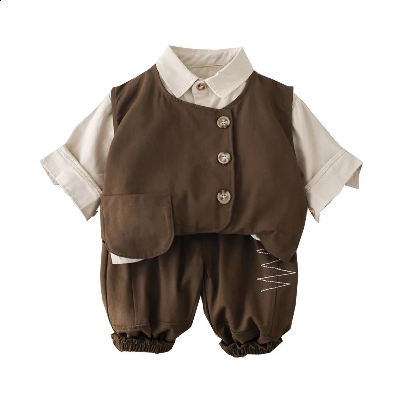 Autumn Preschool Boys 3pcs Clothing Set Pure Cotton Polo Shirt Pocket Tank Top Pure Cotton Pants Set Childrens Boys Set 240924