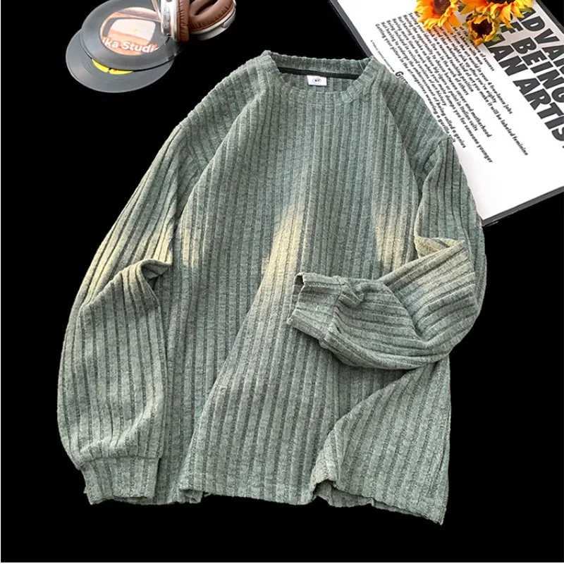 Solid Vertical Stripes Long Sleeve Mens Round Neck Sweatshirt Korean Leisure Loose Knit Trendy Couple PulloverX240925