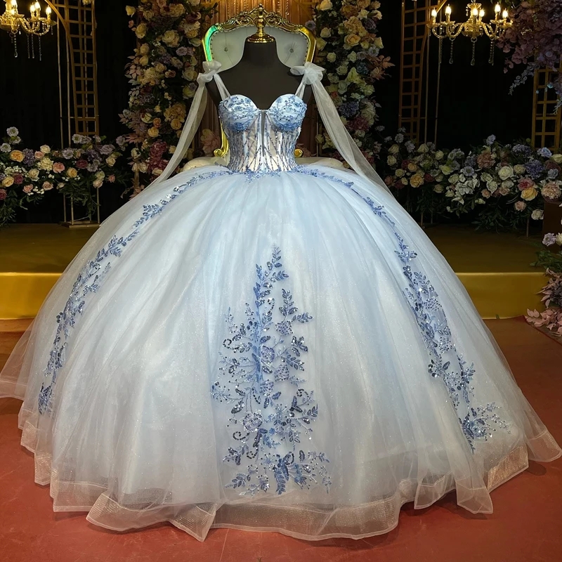 Sky Blue Shiny Quinceanera Dresses Off The Shoulder Applique Lace Beads Vestidos De 15 Anos Princess Sweet 16 Birthday XV Ball Gown