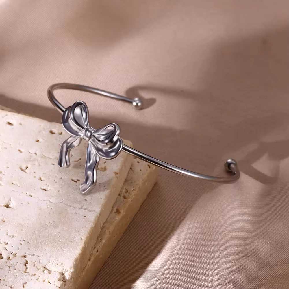 Bow Knot Bangles Bracelet Thin Side Stainless Steel Bangle Classic Simple Open Adjustable Wrist Jewelry Accessories pulseras BFFX240925
