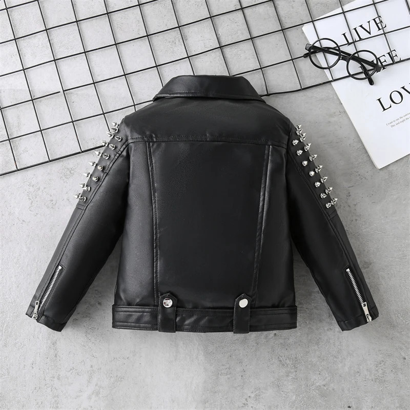 Spring Autumn Performance Motorcycle Black PU Coat Kids Rivet Childrens Leather Jackets For Girl Boys Zipper Clothes XMP19 240920