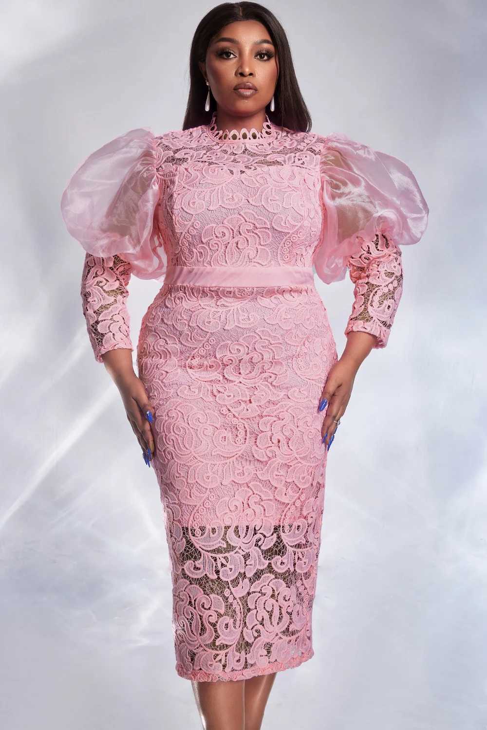 Women Plus Size Formal Dress Pink Lace Puff Sleeve See-Through Midi Dress Elegant Sweet Wedding Guest Cocktail Bodycon Dresses M240924