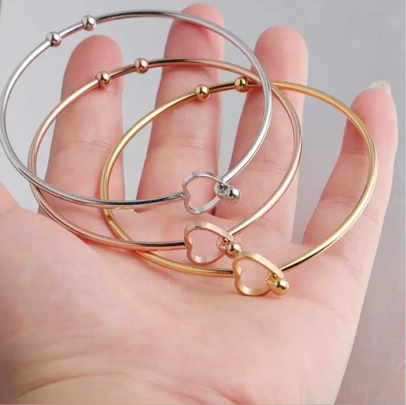 Fashion 2mm Thick Stainless Steel Heart Shped Beads Bangle Bracelet Cuff Bracelet Expandable Can Open Bangle One PieceX240925