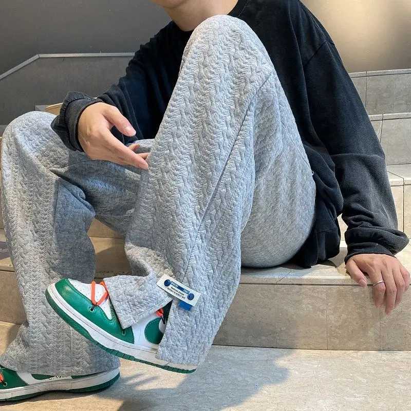 Men High Strt Sweatpants Fashion Loose Casual Side Slit Straight-Leg Pants Vintage Blue Jacquard Casual Bottoms Male Clothes M240924