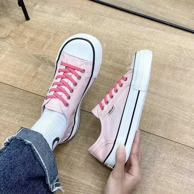 Casual New Womens Canvas 2024 Spring Lace Up Round Toe Causal Flat Shoes Student Sneakers Girls Skateboard Vulcanized Tennis Women