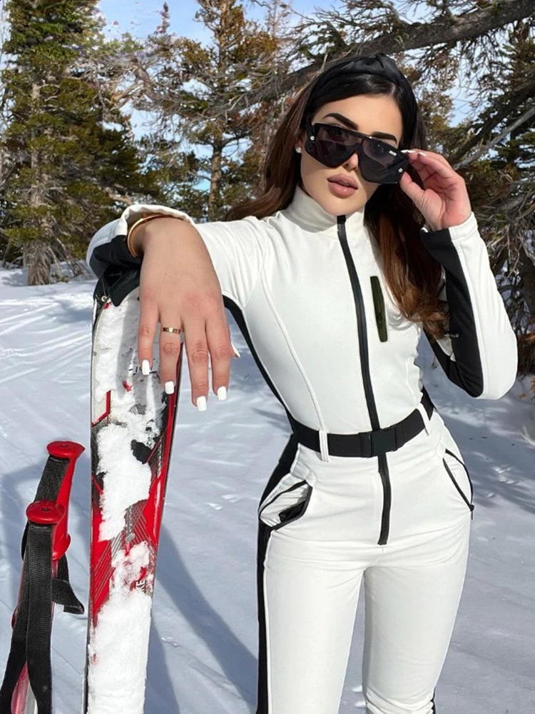 Winter patch work womens long sleeved waterproof and windproof skiing full set womens elegant skateboard jumping suit 240925