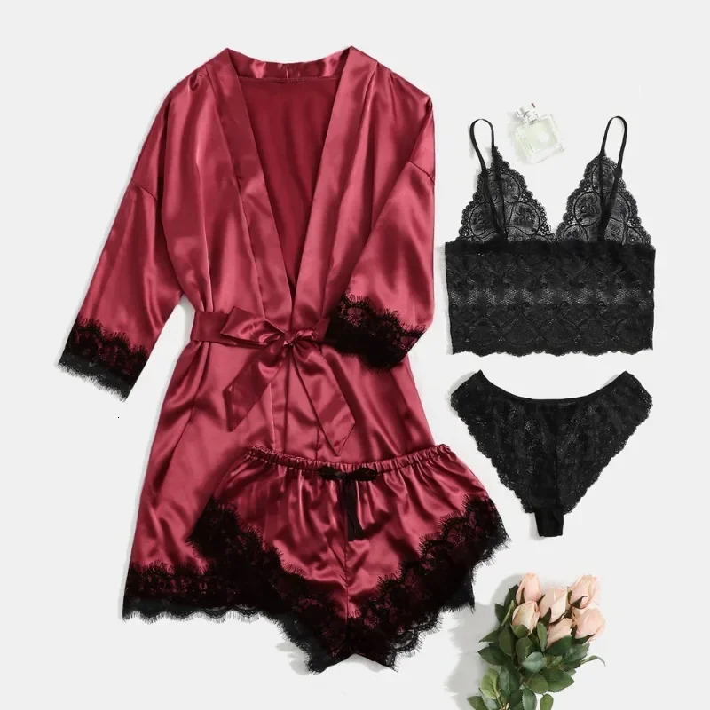 Black Sexy Women's Satin 4-piece Lace Silk Suspender Tops Shorts Robe Pamas Set Nightgown Underwear Nightdress Suit