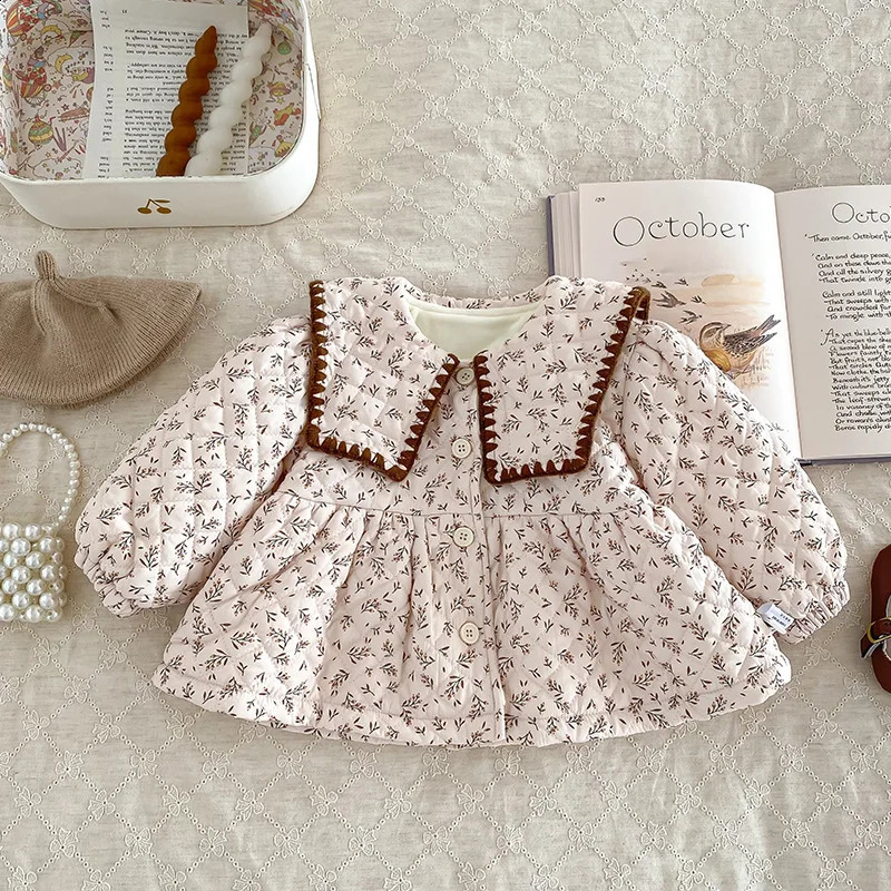 Winter Baby Girl Clothing Set Cotton Long Sleeve Top with Velvet Pendant jumpsuit Thick Warm Coat 240925