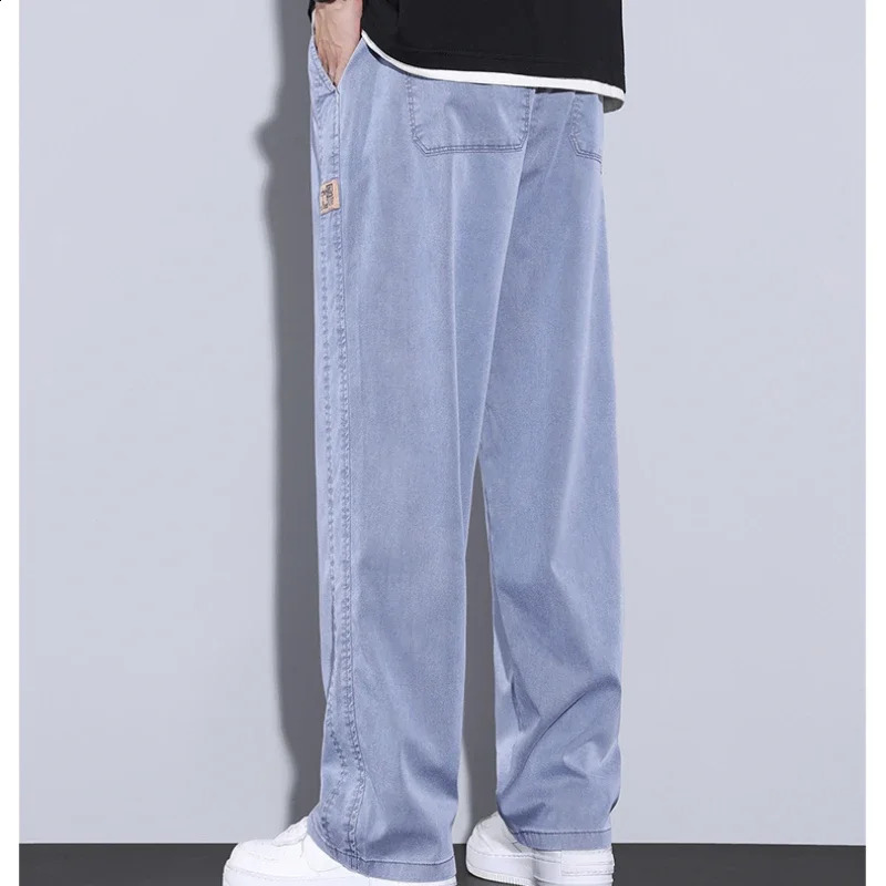 Summer Ultra Thin Lyocell Mens Loose Jeans Elastic Straight Pull Wide Leg Casual Denim Pants 240925
