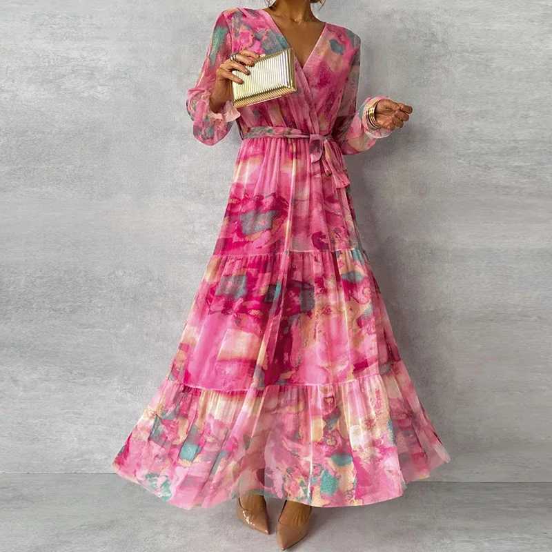 Spring Long-sleeved Floral Print Boho Dress Women Elegant V Neck Pleated Long Dress Summer High-waisted Belted A-Line Maxi Dress M240924