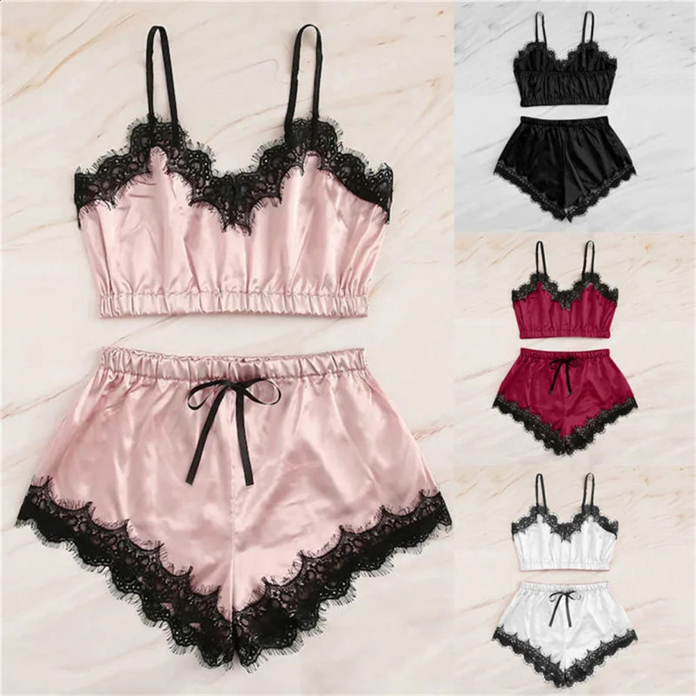 Women Pajama Suit Fashion VNeck Lace Stretch Satin Babydoll Sexy Lingerie Bowknot Pyjamas Sleep Shorts Set Sleepwear 240925