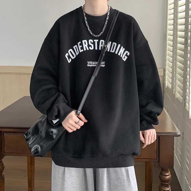 Autumn New Mens Round Neck Sweatshirt Basic Letter Print Casual Top Hong Kong Style Versatile Loose-fit Pullover JacketX240925