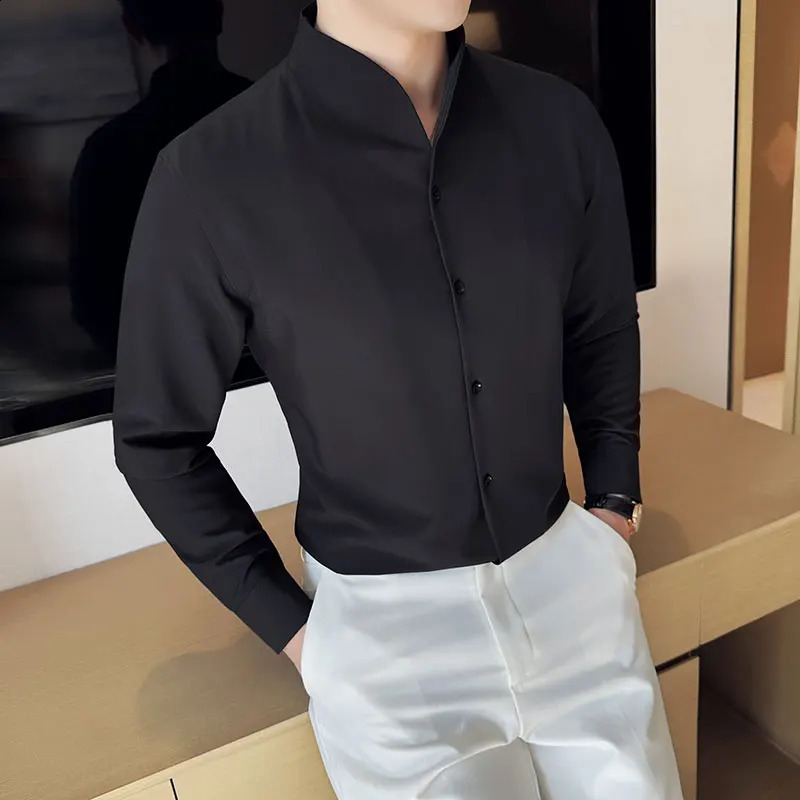 Men V-neck Shirt 2024 Spring British Style Anti-wrinkle Soft Solid Casual Elastic Slim Fit Long Sleeved Shirt Men Clothing 240924