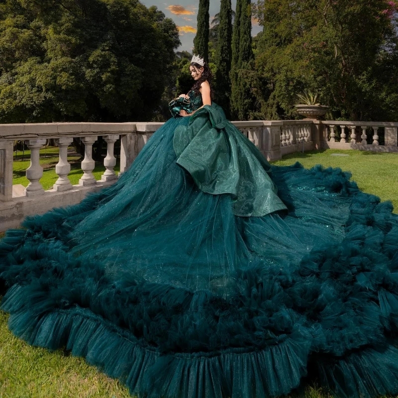 Blackish Green Ball Gown Quinceanera Dresses Ruffle Beads Lace Tiered Tull Princess Mexico Sweet 16 Dress Birthday Vestidos 15 De XV Anos