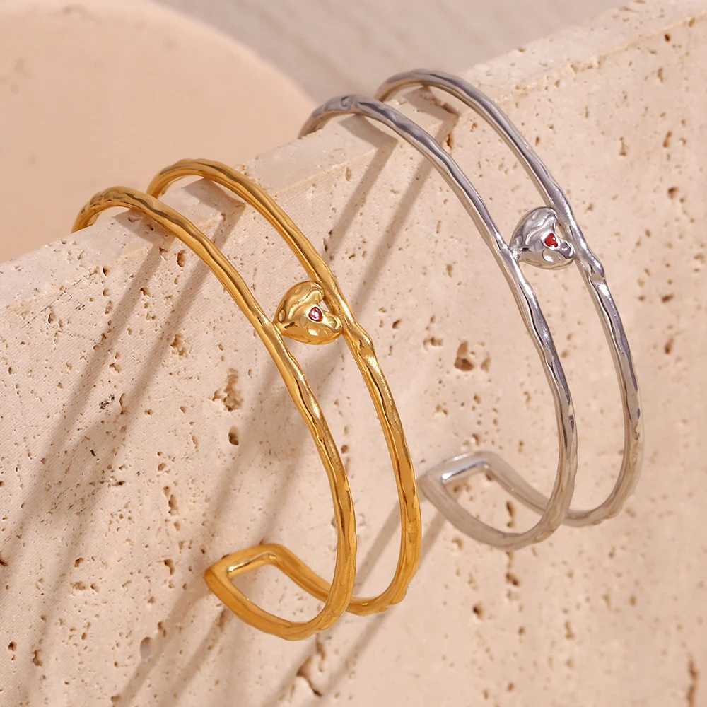 E.B.belle Double Layer Hollow Red Enamel Heart Open Bracelet 18K Gold Plated Bracelet for Women 316L Stainless Steel JewelryX240925