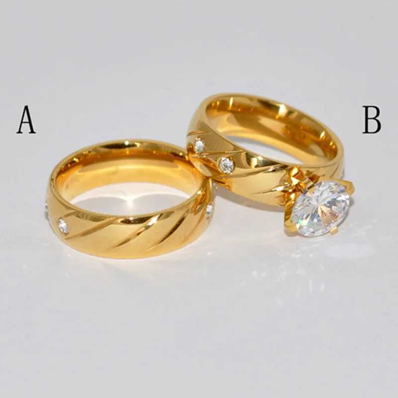 Hot selling stainless steel gold-plated wedding couple jewelry ring cubic zirconia W240925