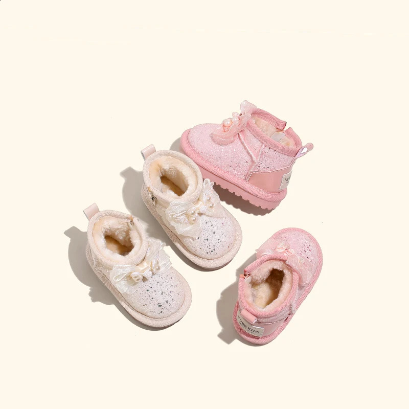Winter Baby Snow Boots Suitable for Girls Sparkling Bow Warm Plush Childrens Shoes Fashionable Preschool EU 1625 240925