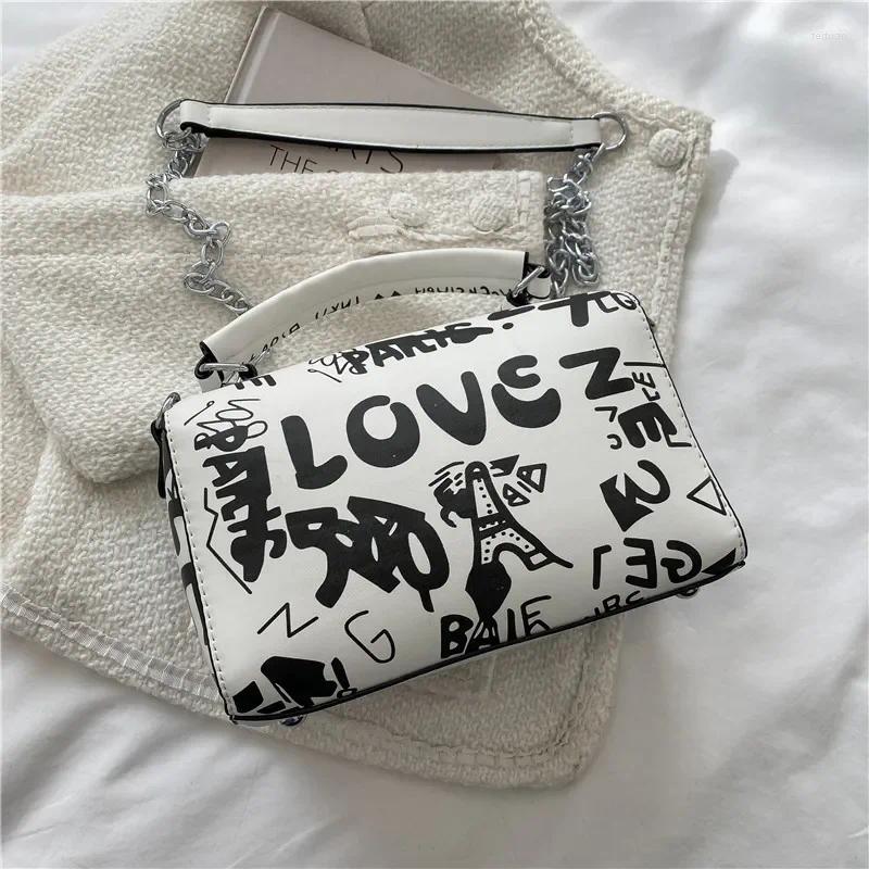 Drawstring Fashion Chic Graffiti Bags For Women 2024 Trend Design Leather In Handbag And Purse Casual Chain Shoulder Crossbody Bag