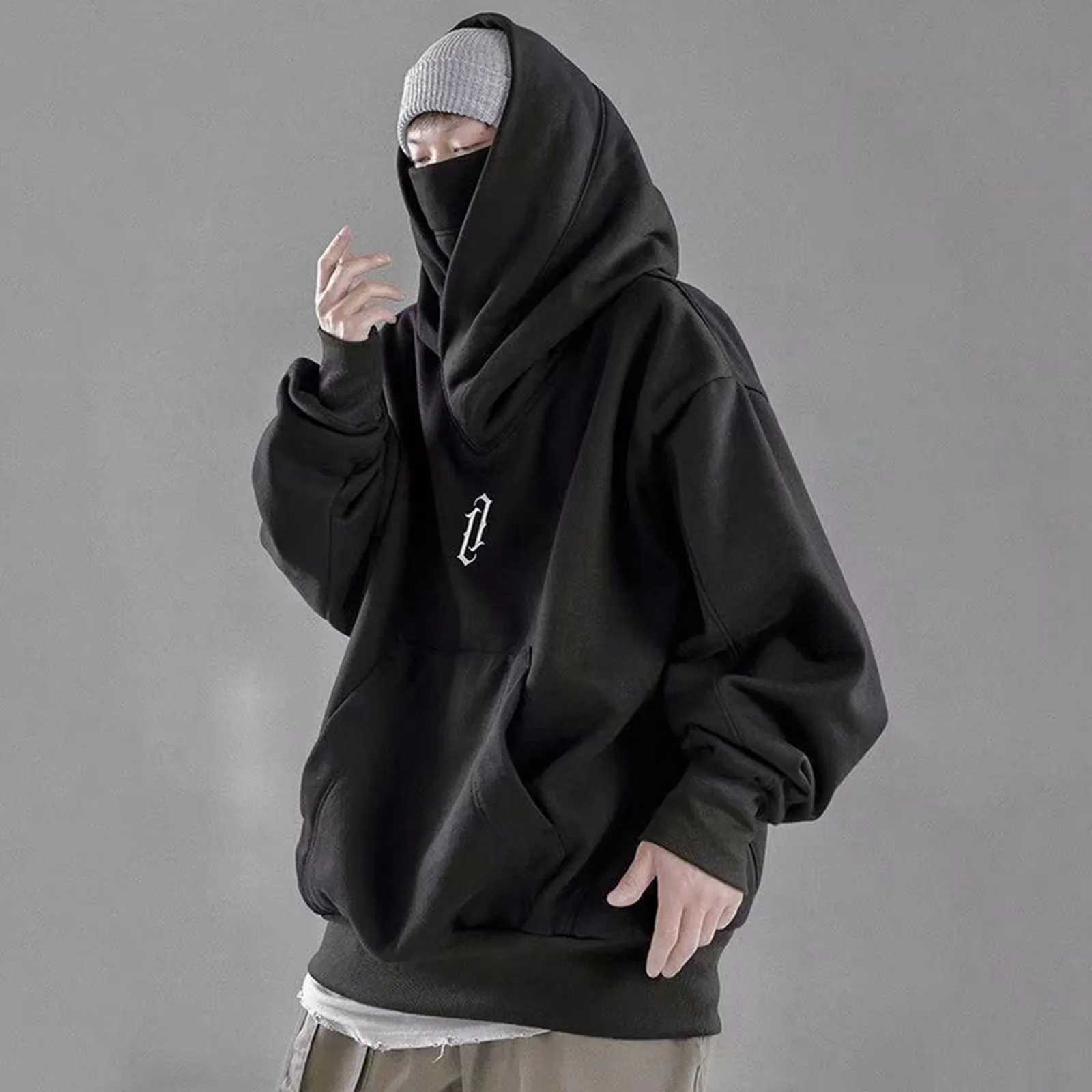 Men Hooded Sweatshirt Autumn Winter Solid Color Long Sleeve Hoodies Loose Hip Hop Ninjas Hoodie High Neck Sports Pullover StreetX240925