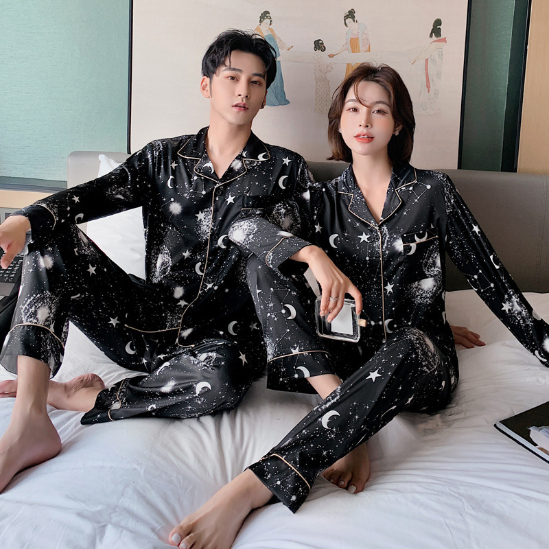 Couple Women Men Galaxy Star Moon Printed Satin Long Sleeve Pants Sleepwear 2 Pcs Lovers Female Pamas Pyjamas Homewear