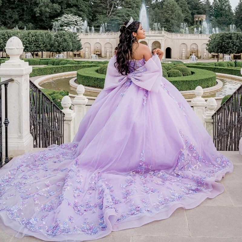 Lavender Shiny Princess Quinceanera Dresses Ball Gown Off The Shoulder Applique Lace Beads Tull Sweet 16 Dress Vestidos 15 De Anos