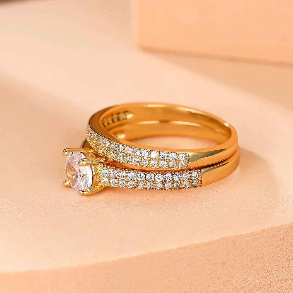 Luxury Bridal Set Round Stone Ring Female Black Gold White Zircon Wedding Ring Promise Engagement Ring Set Jewelry W240925