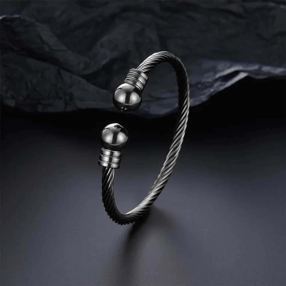 Men Double Ball Shaped Open Bangle Stainless Steel Jewelry Twisted Steel Cable Texture Cuff Bracelet Birthday Gift for BoyfriendX240925