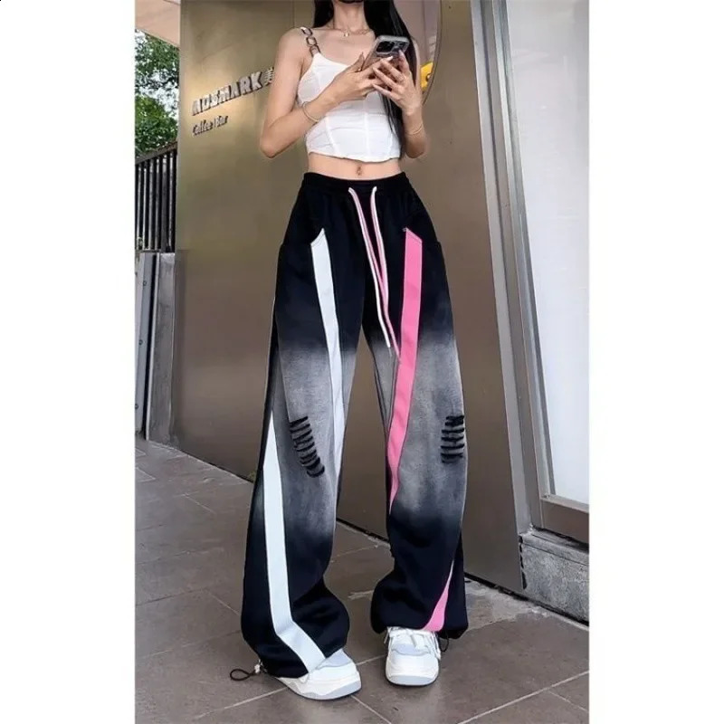 American retro tear casual womens spring and autumn thin street sports pants narrow straight wide Z260314