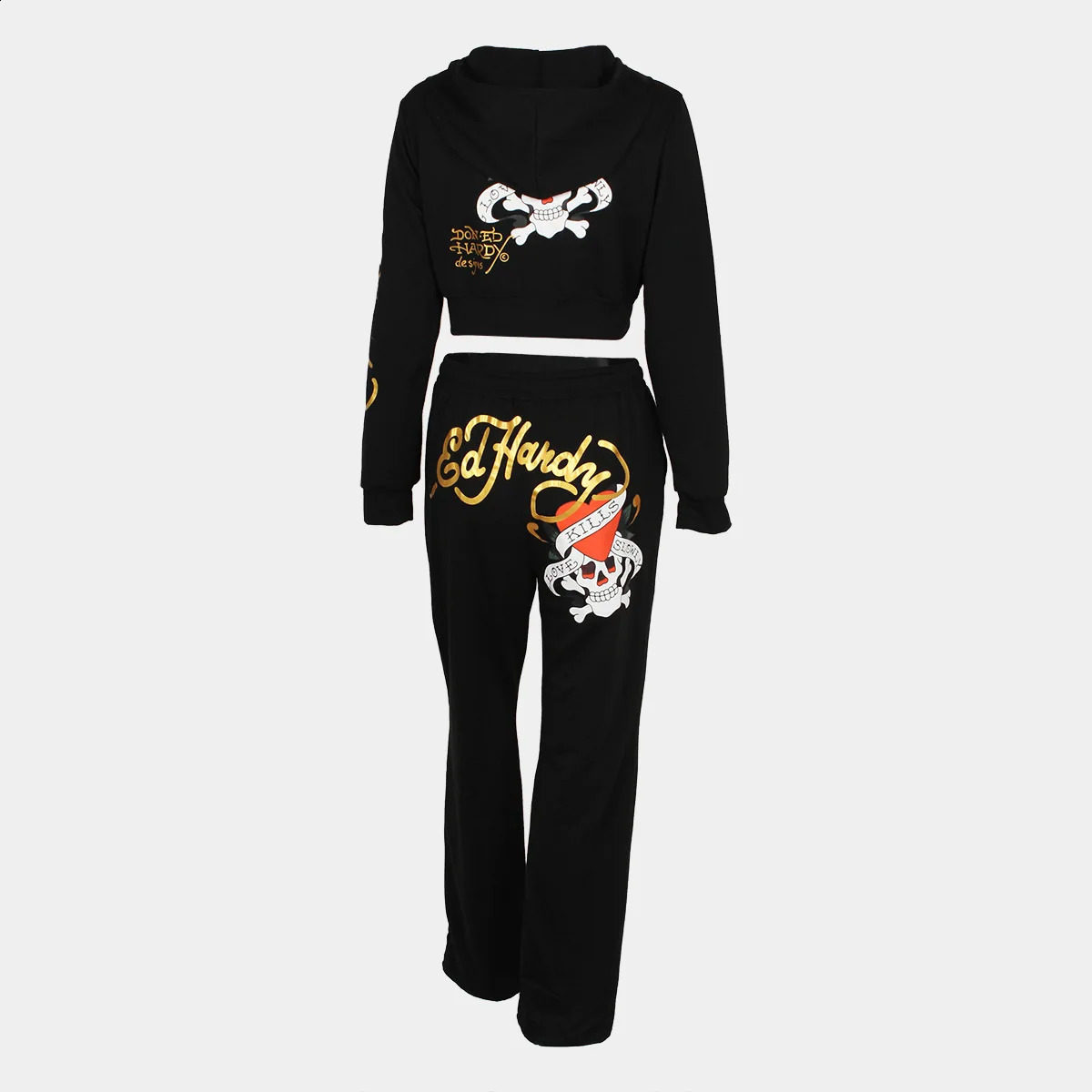 Bangniweigou Skeleton Love Print Zipper Short cardiganHigh Waist Straight Leg Pants Two Piece Set AutumnWinter Womens Wear 240924