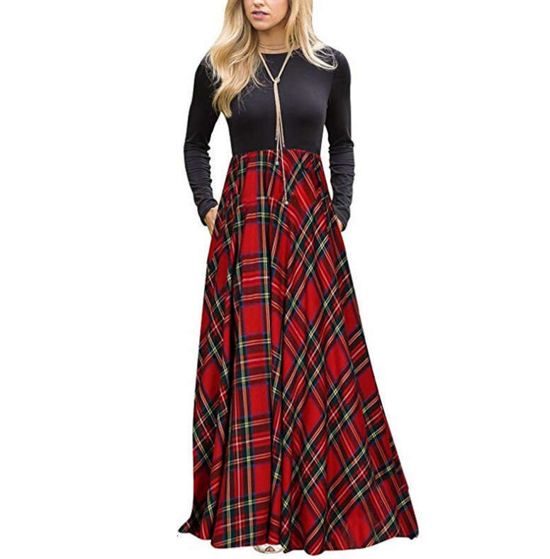 24 Spring Autumn Round Neck Splicing Color Contrasting Grid Pattern Fashion and Leisure Big Swing Long Dress Women's Wear