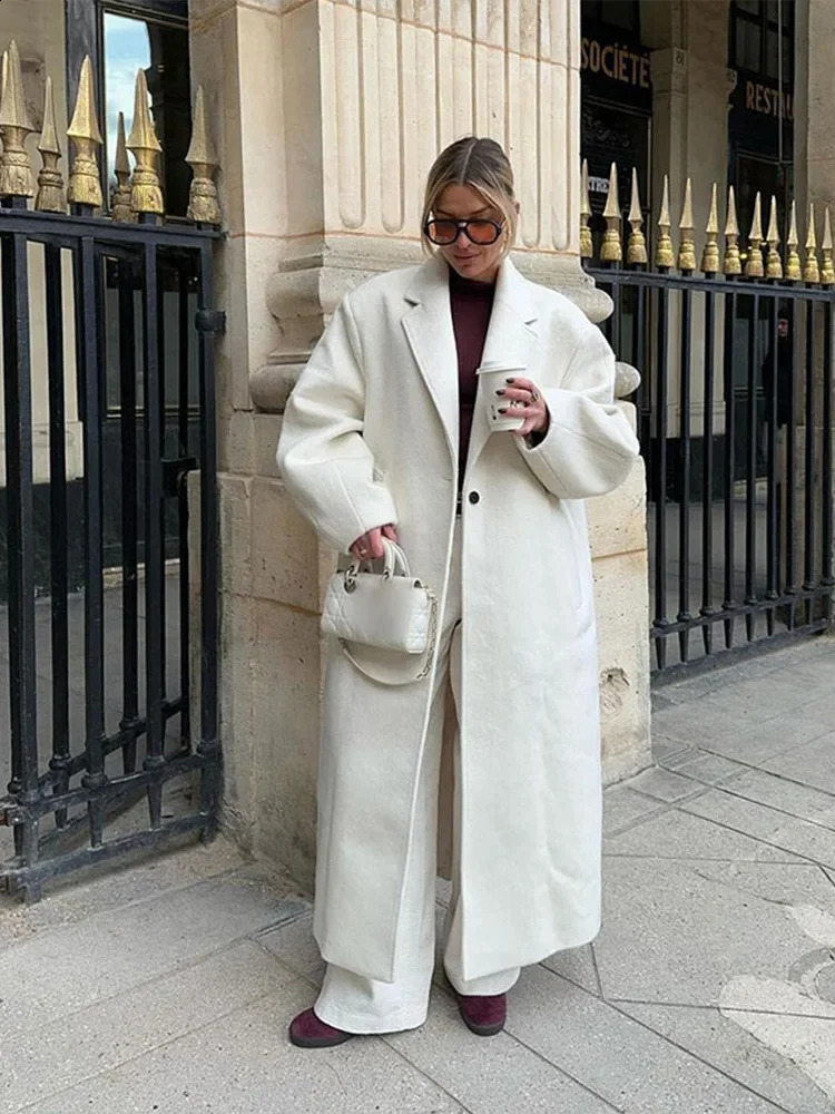 Autumn Oversized Solid Woolen Lapel Long Sleeve Coat Women Fashion One Button Overcoat 2024 Winter Lady High Streetwear 240921