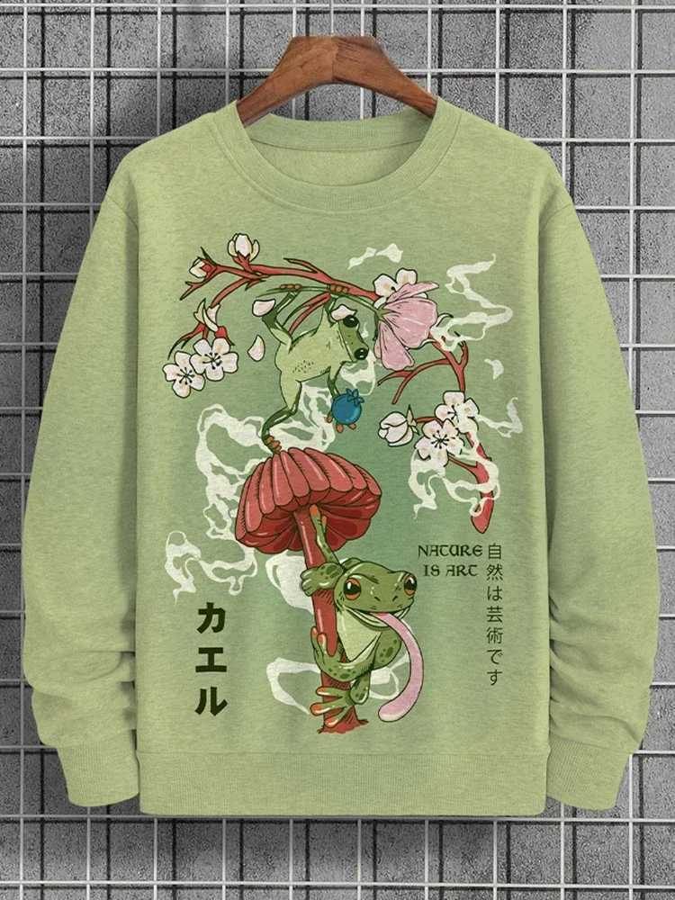 2024 Fashion New Mens Long Sleeve Tops Japanese Country Core Art Frog Floral Print Casual Round Neck Sweater Large SizeX240925
