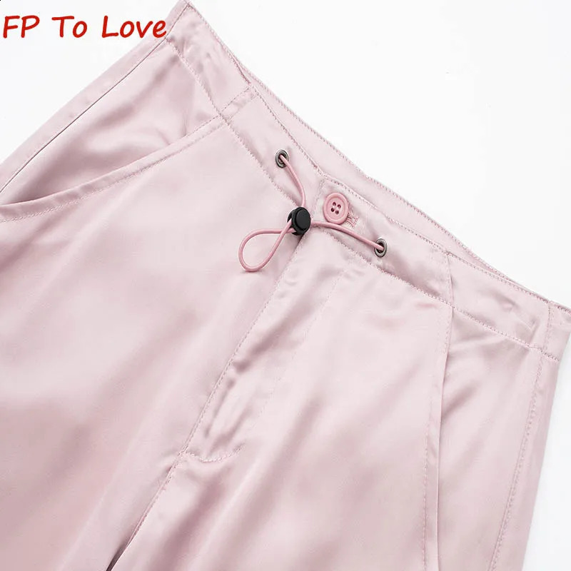 Y2K satin summer cargo pants pockets shiny elegant pants straight casual shirt pink white blog set fashionable 240925