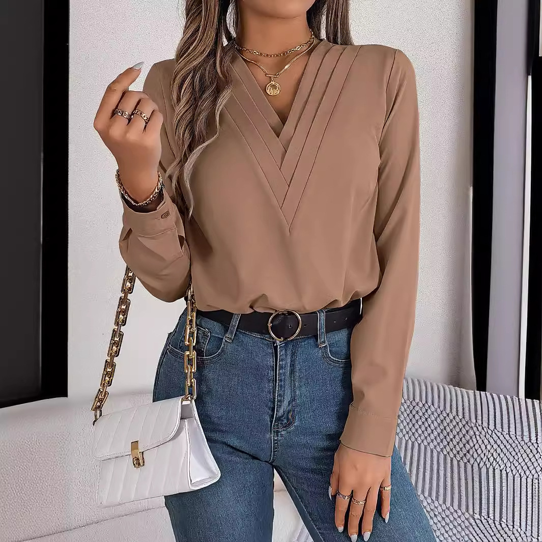 Blouses Designer For Women Blouse Realistic Photo Of 2024 Autumn And Winter Elegant Solid Color Layered V-Neck Long Sleeved Shirt Women's Clothin