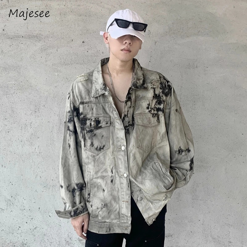 Denim Jackets Men Casual Baggy Fashion High Street Tie Dye Spring Autumn Hole Pocket American Style Vintage Handsome 240913