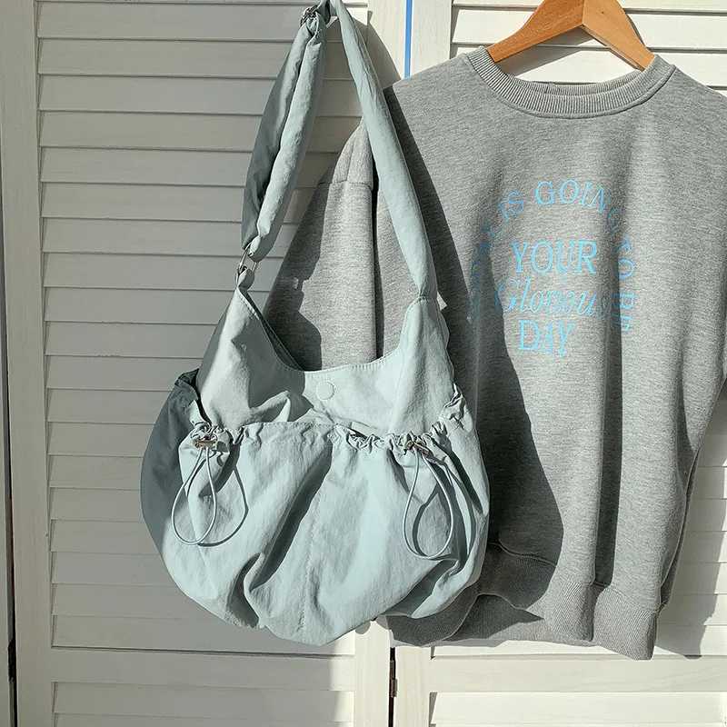 College Students Pleated Bag Casual Niche Korean Nylon Bag Large Capacity Female Crossbody Bag Solid Color Trendy Shoulder Bag Z240924