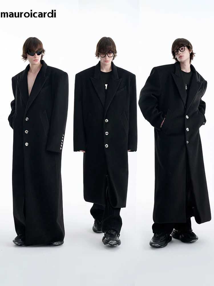 Mauroicardi Autumn Winter Oversized Extra Long Warm Black Wool Blends Coat Men Luxury Designer Floor Length Woolen Overcoat 2024 Y240924