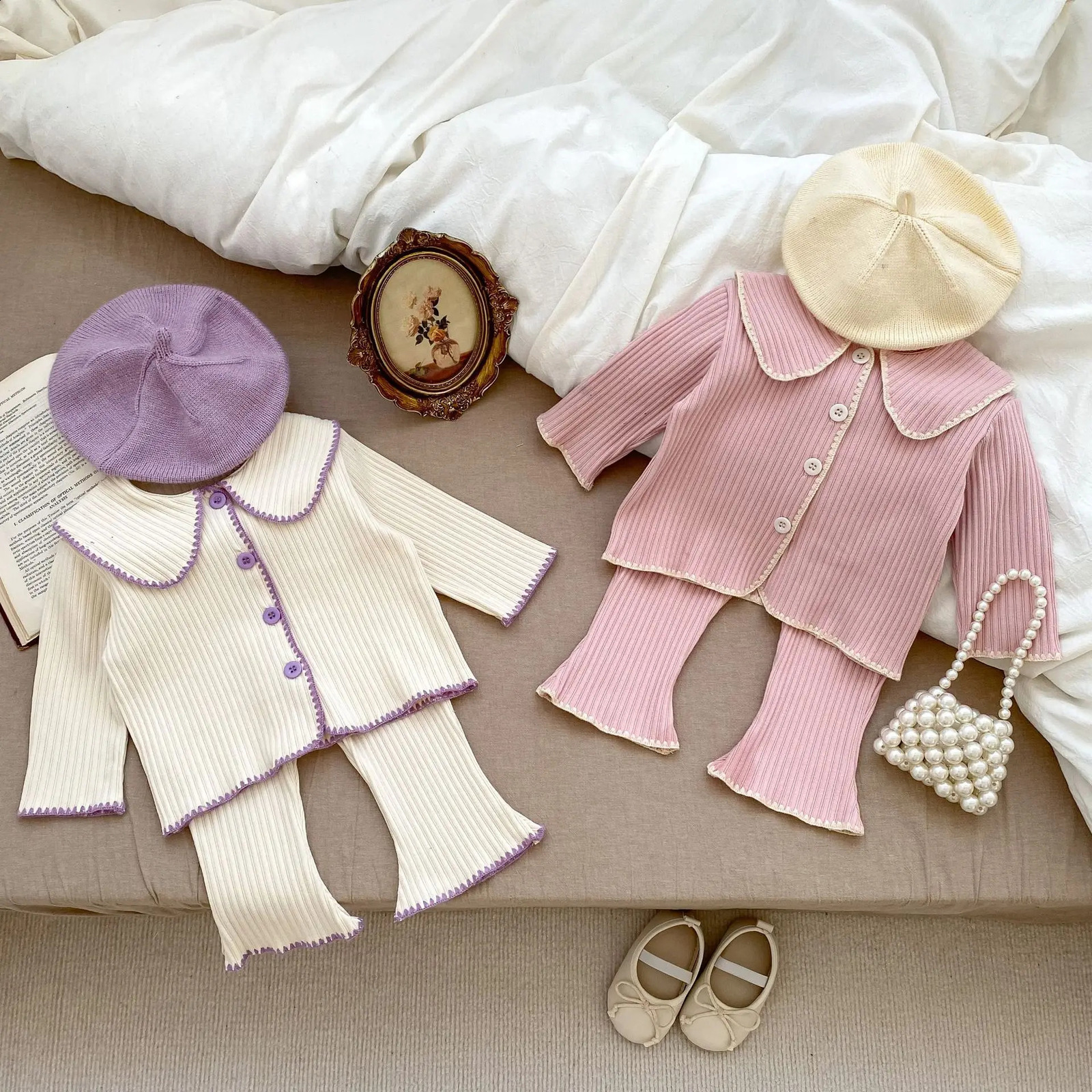 Baby Clothing Set Autumn Knitted Girls Collar Long Sleeve CardiganPants 03 Year Childrens Two Piece 240925