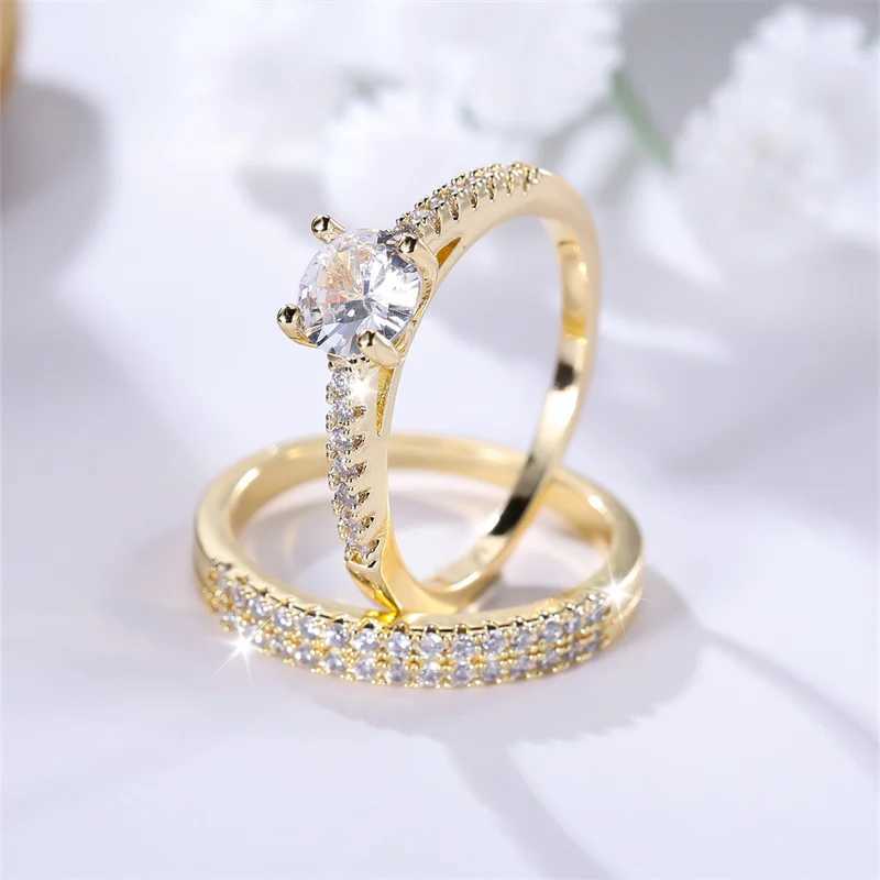 2 classic round ring sets suitable for women antique gold white zircon stacked couple rings bridal wedding rings party jewelry CZ W240925