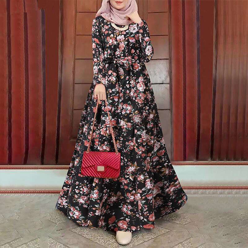 New long robe printed sun skirt elegant ral Muslim dress belt