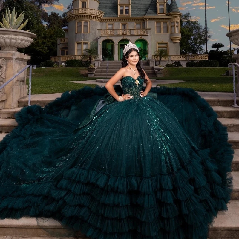 Blackish Green Ball Gown Quinceanera Dresses Ruffle Beads Lace Tiered Tull Princess Mexico Sweet 16 Dress Birthday Vestidos 15 De XV Anos