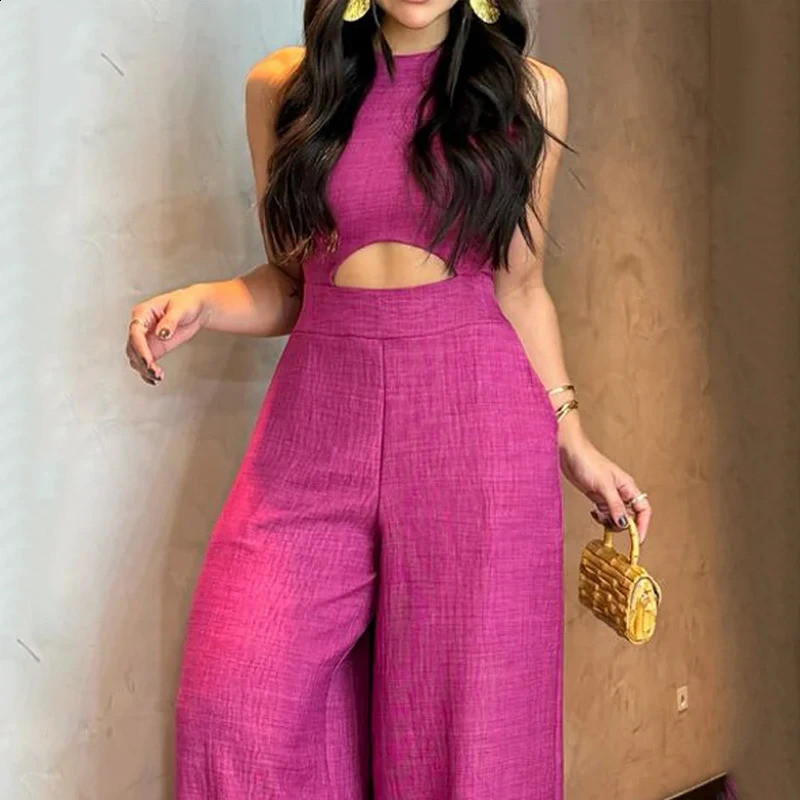 Waytobele womens jumpsuit summer casual vest round neck patchwork work sleeveless lace top hollow top loose pocket jumpsuit 240925